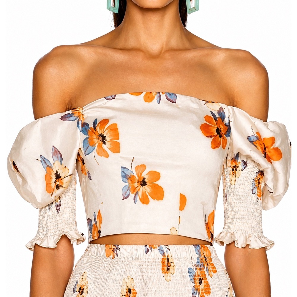 Nicholas Floral Puff Sleeve Crop Top Sz 16 Cream Orange Satin Stretch Cute Party